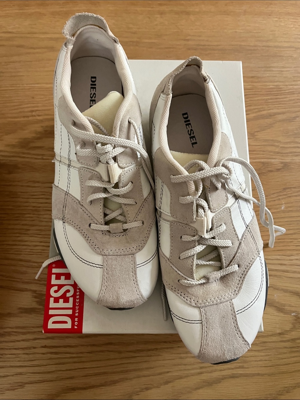 Diesel Beige and White Leather Suede Lace-Up Sneakers